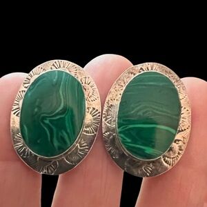 Vintage Taxco Malachite Sterling Clip On Earrings